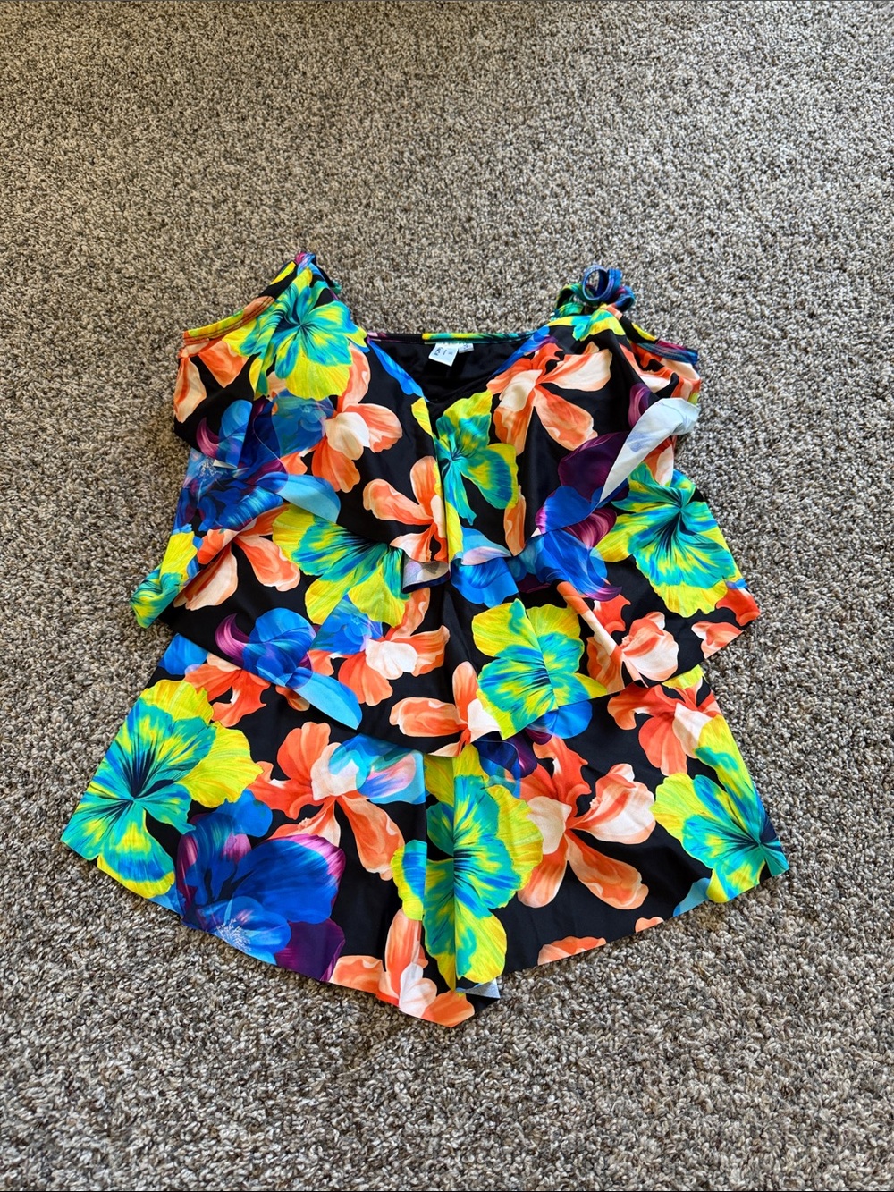 St. John's Bay Black Floral Tankini Top with Bright Multicolor Blooms Size 18
